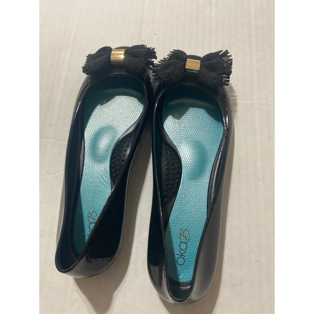 Oka-B Black Jelly Ballet Flats Fringe Bow Waterproof Slip On Women's Size 7